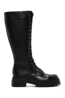 Women's Black Zippered Laced Flat Leather Boots | Derimod