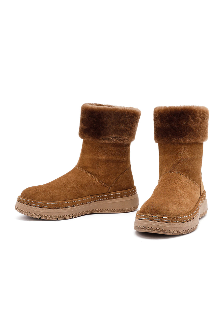 Woman Tan Thick-Soled Suede with Fur Detail Leather Boat
