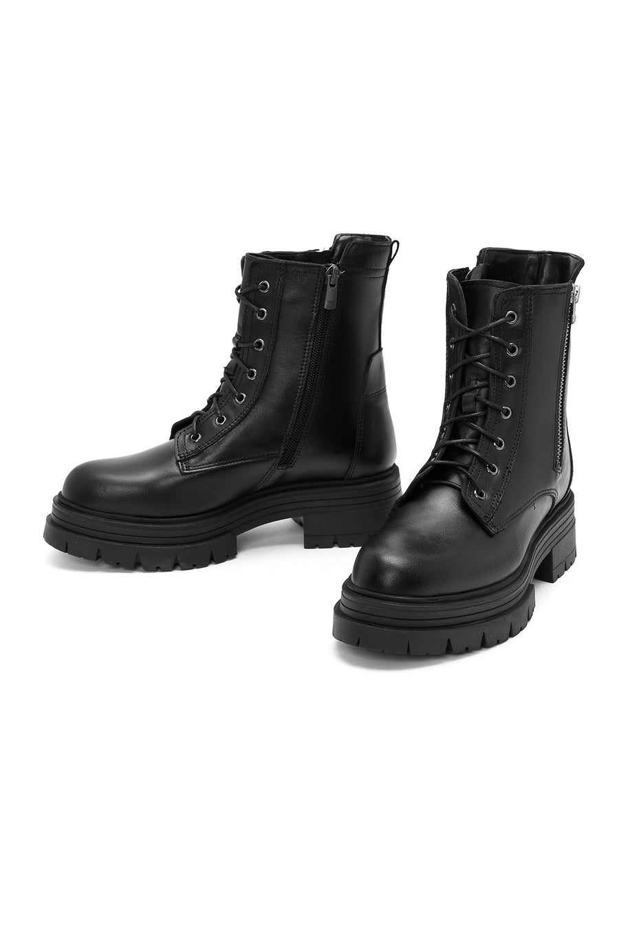 Women's Black Double Zipper Lace-Up Leather Combat Boots
