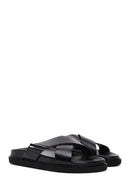 Men's Black Leather Casual Flat Slippers | Derimod