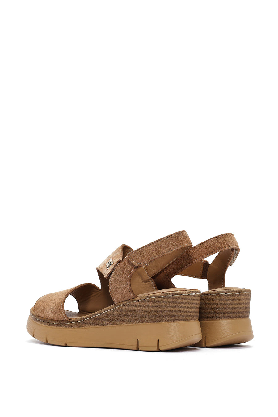 Women's Tan Suede Leather Wedge Heeled Ankle Buckle Comfort Sandals