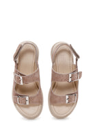 Women's Gray Ankle Strap Double Buckle Suede Leather Sandals | Derimod