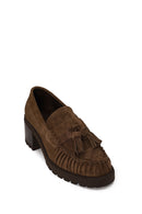 Woman Walnut Tassel Chunky Heeled Suede Loafer | Derimod