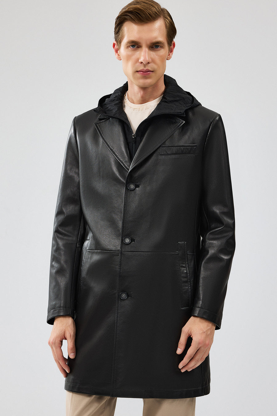 Dias Men's Black Long Hooded Leather Trench Coat