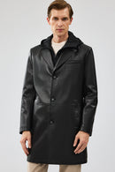 Dias Men's Black Long Hooded Leather Trench Coat | Derimod