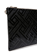 Women's Black Chain Strap Patterned Patent Leather Clutch Bag | Derimod