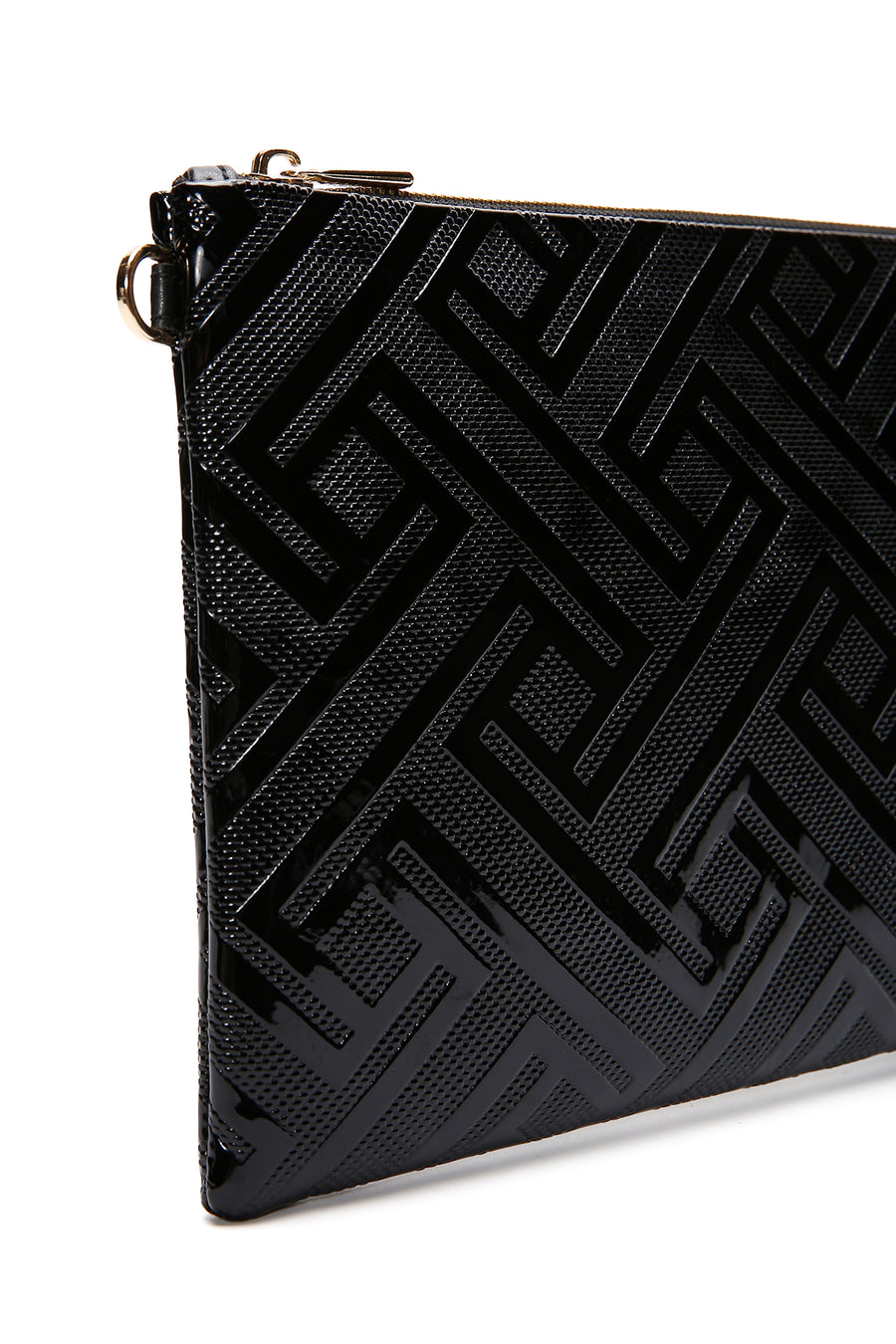 Woman Black Chain Strap Patterned Patent Leather Clutch Bag