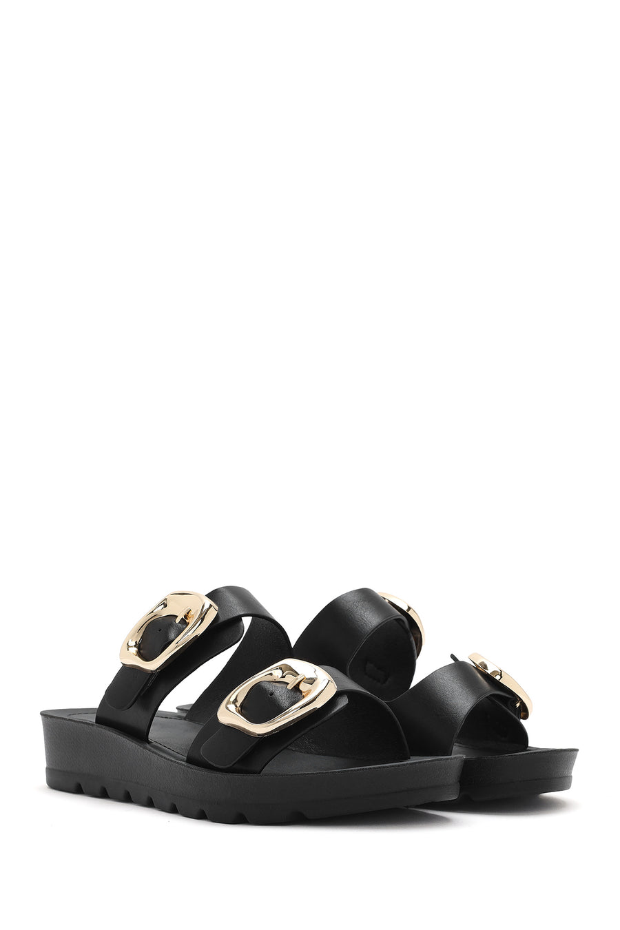 Women's Black Double Buckle Thick Soled Slippers
