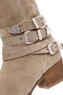 Women's Beige Thick Heel Buckle Detailed Suede Leather Cowboy Boots | Derimod