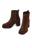 Woman Brown Zip Closure Chunky Heeled Suede Boots | Derimod