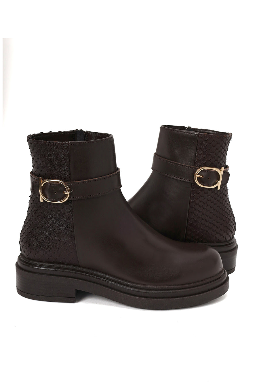 Woman Brown Zip Closure Printed Leather Boots