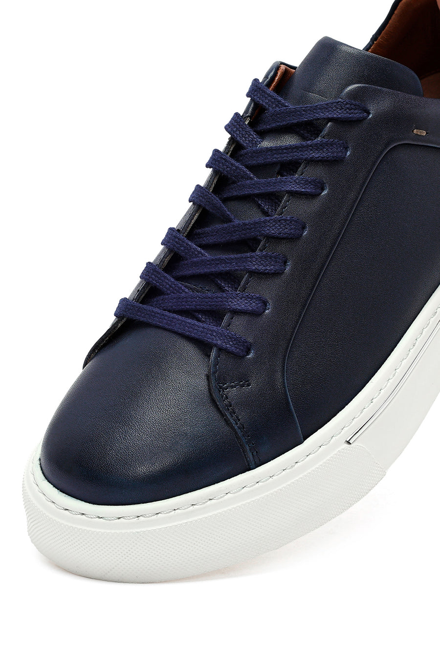 Erkek Lacivert Bağcıklı Kalın Tabanlı Deri Sneaker