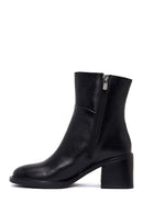 Woman Black Zip Closure Thick-Heeled Leather Boots | Derimod
