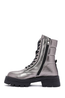 Women's Grey Zippered Metallic Leather Combat Boots | Derimod