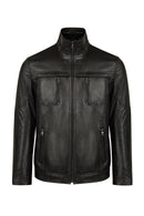 Karl Male Black Zip Closure Notched Collar Leather Jacket | Derimod