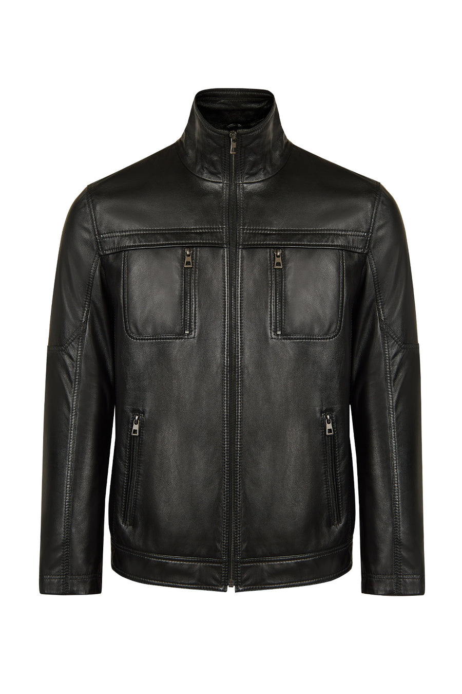 Karl Male Black Zip Closure Notched Collar Leather Jacket