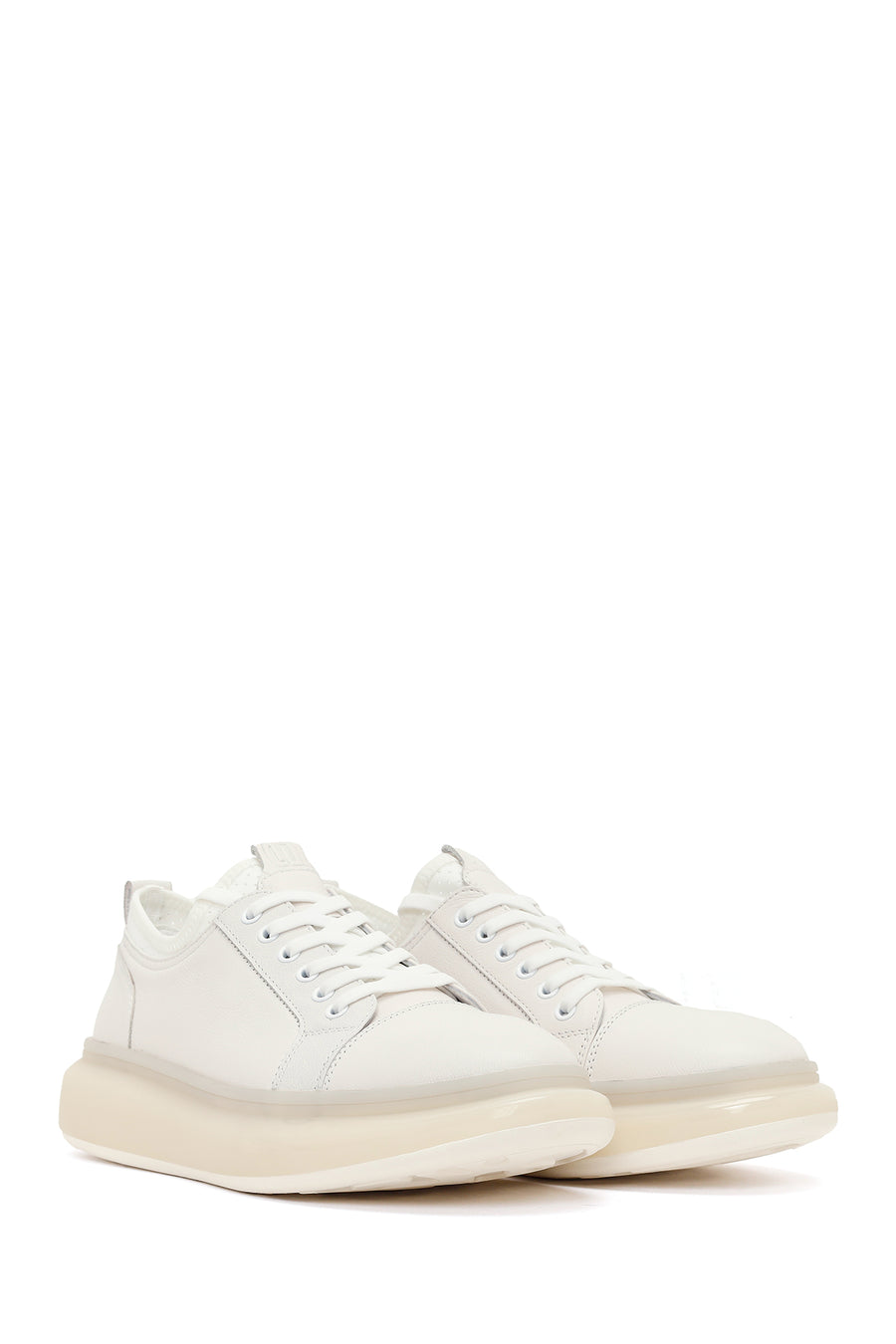 Men's White Lace-up Thick-Sole Leather Sneaker