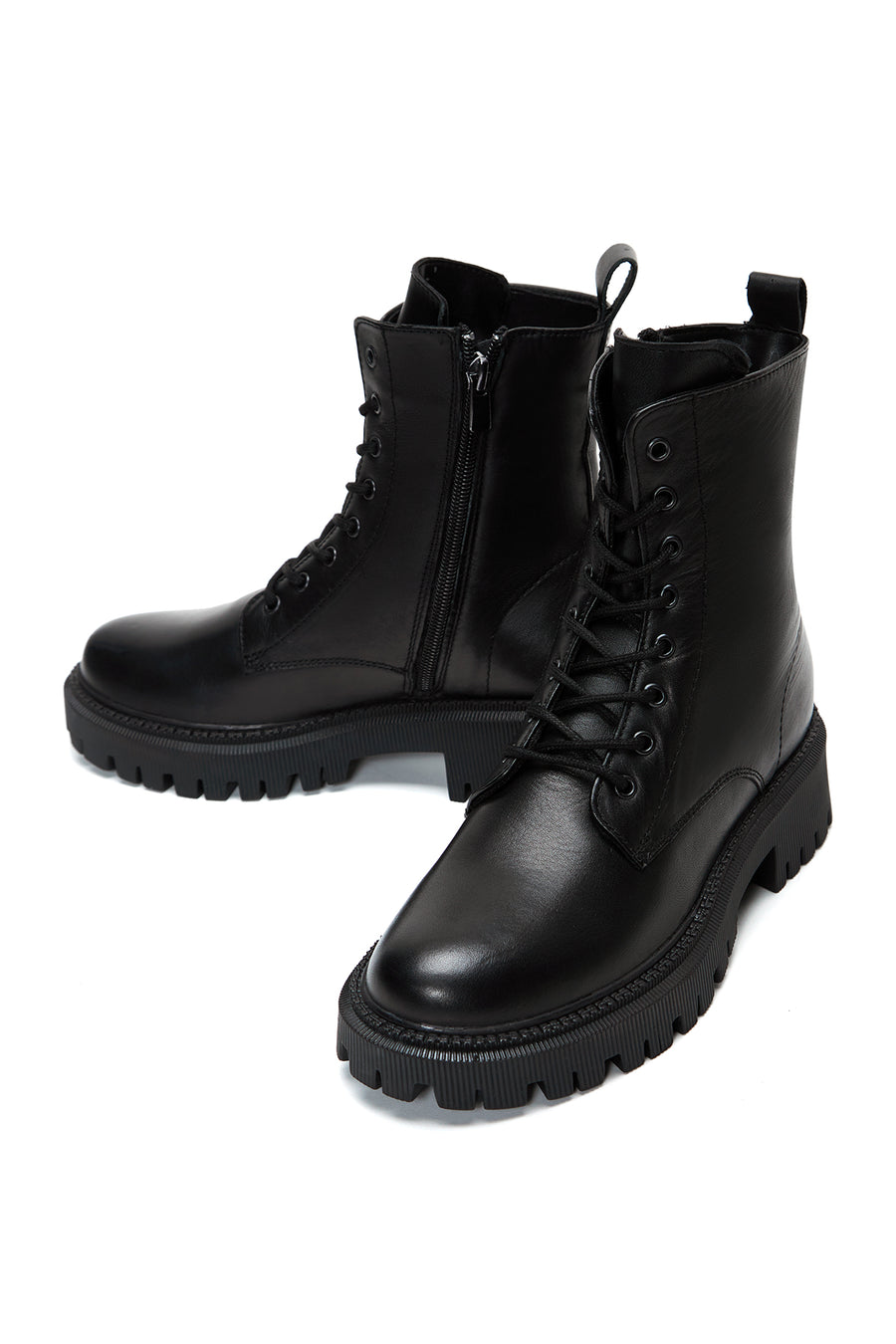 Woman Black Zip Closure Leather Combat Boots