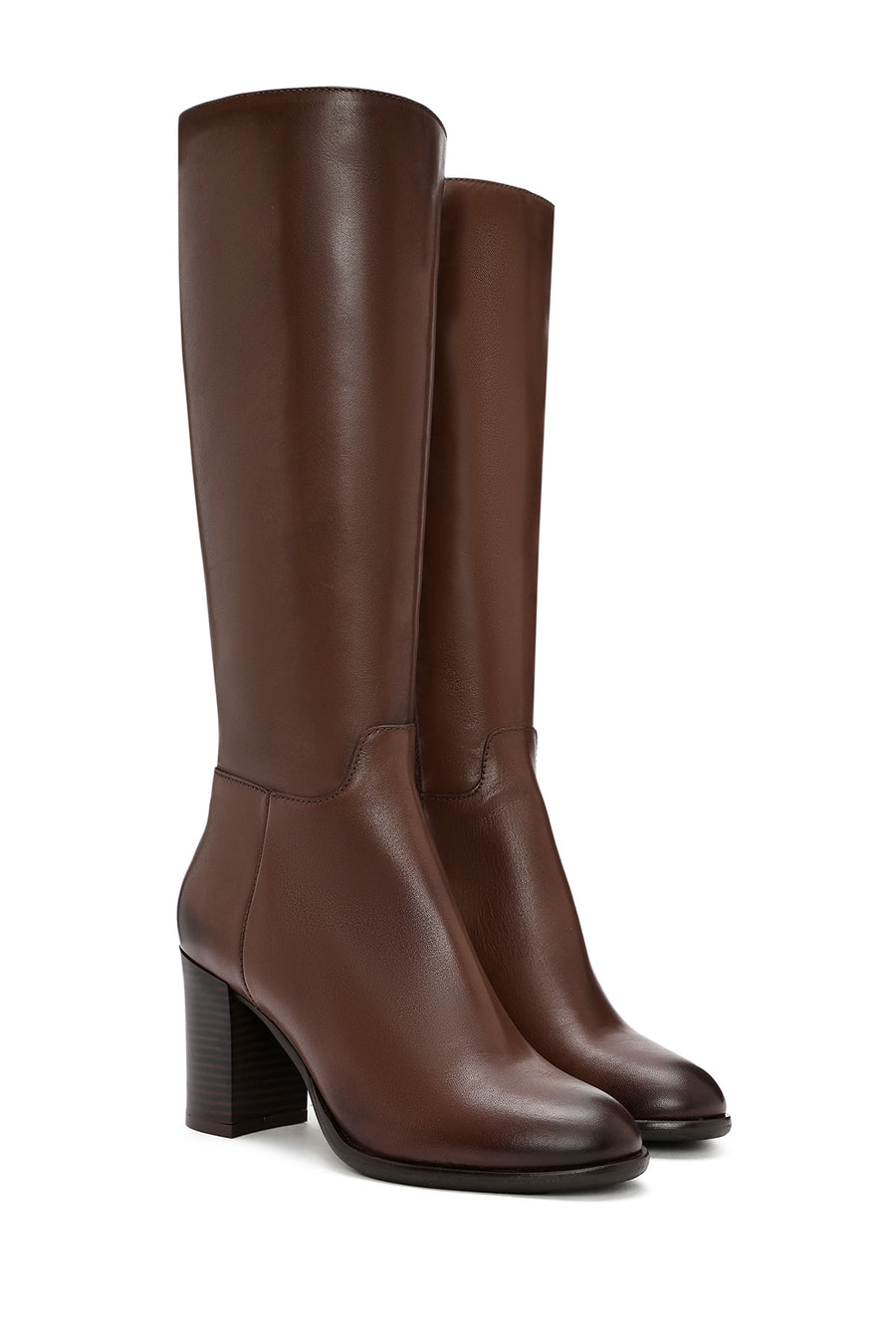 Woman Brown Zippered Chunky Heels Leather Boot