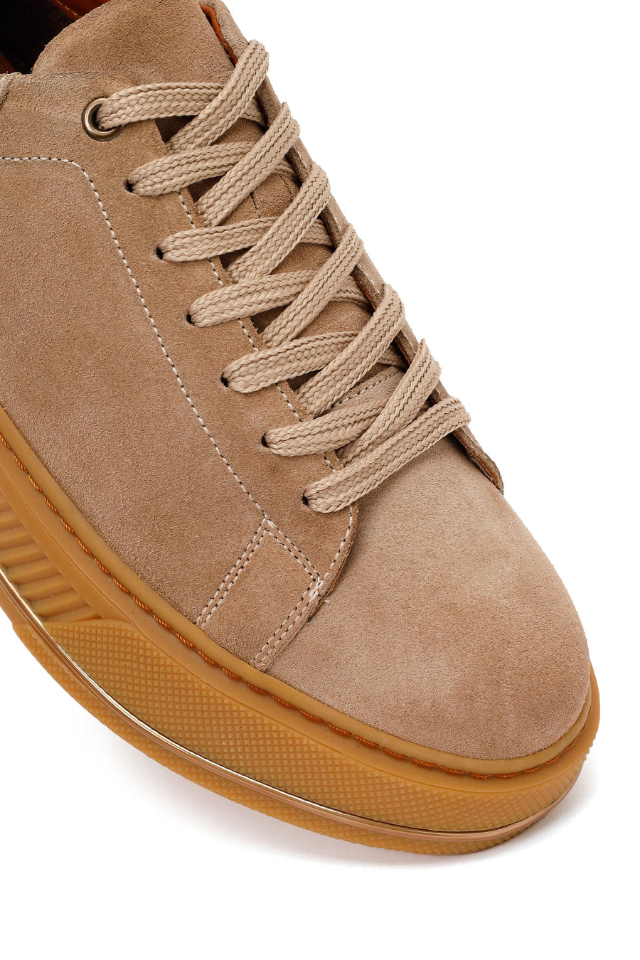 Erkek Bej Bağcıklı Kalın Tabanlı Süet Deri Sneaker