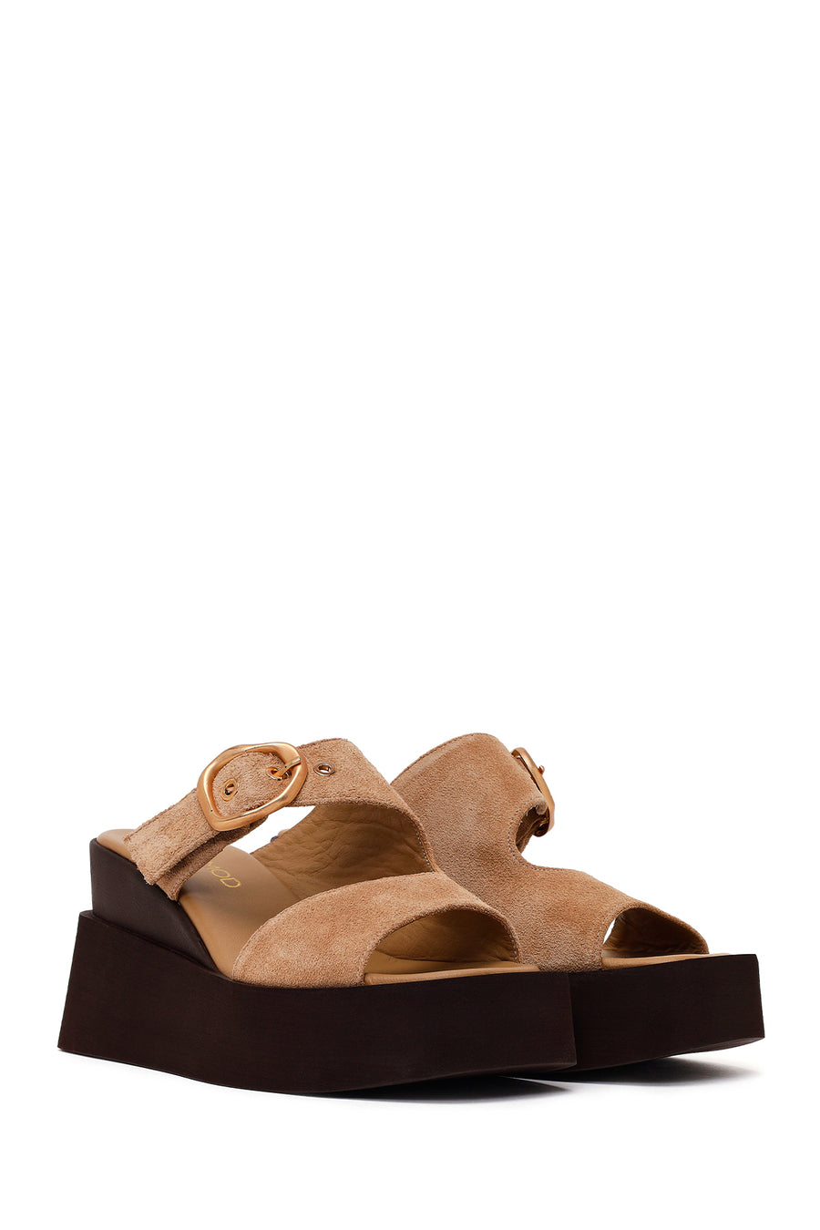 Woman Beige Buckled Wedge Heel Suede Slipper