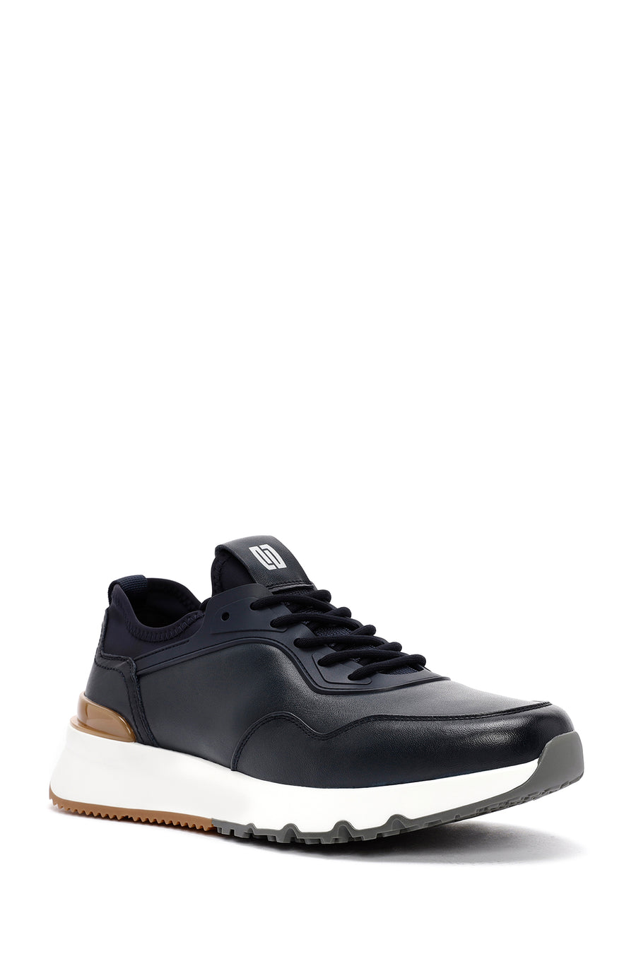 Men's Navy Blue Lace-Up Thick-Soled Leather Casual Sneakers