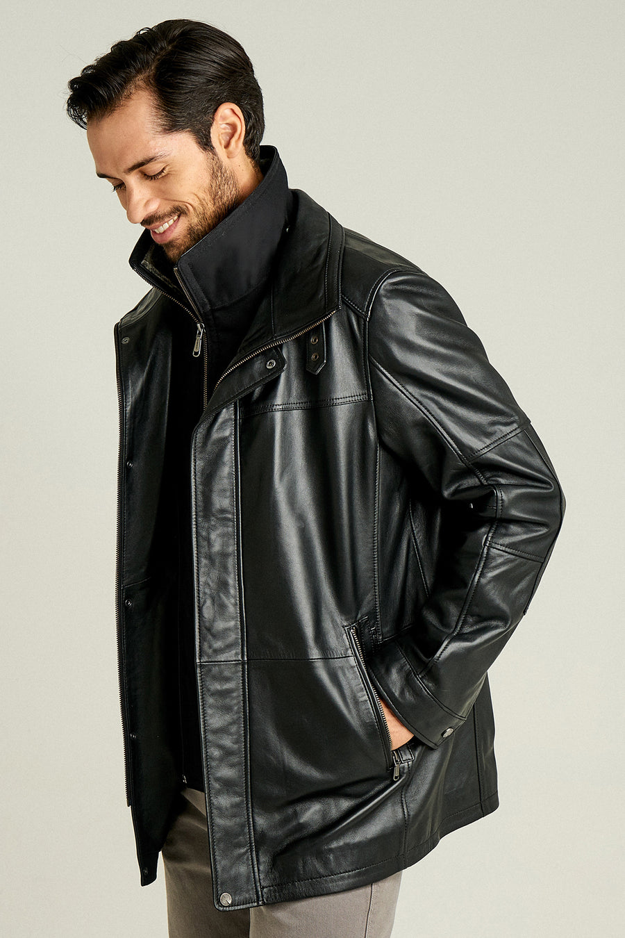Eduardo Men's Black Double Collar Fur Leather Coat
