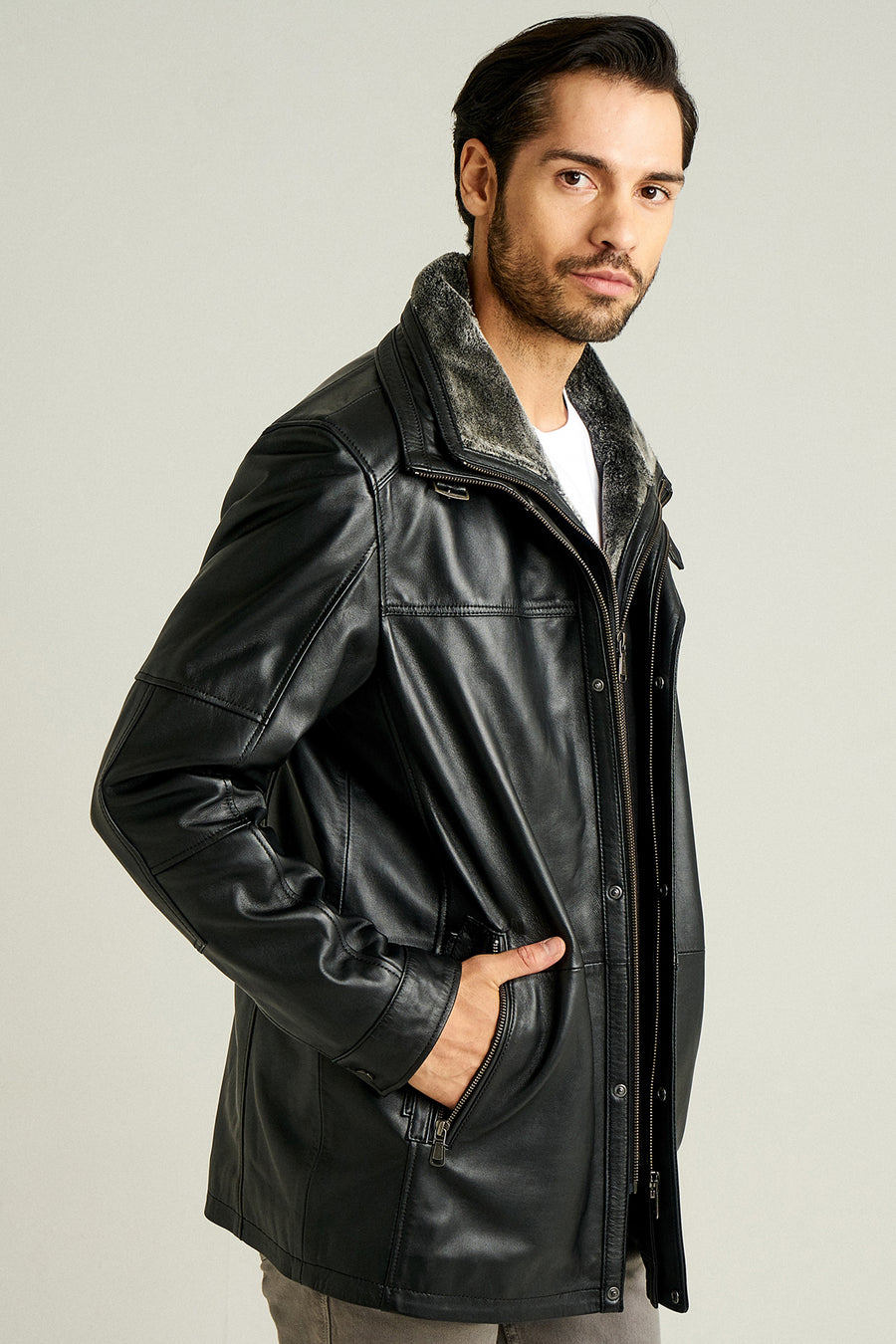 Eduardo Men's Black Double Collar Fur Leather Coat