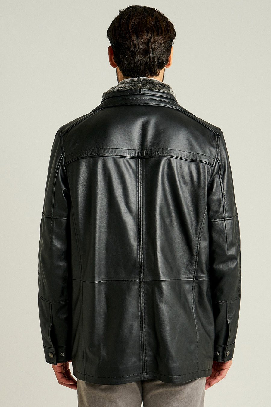Eduardo Men's Black Double Collar Fur Leather Coat