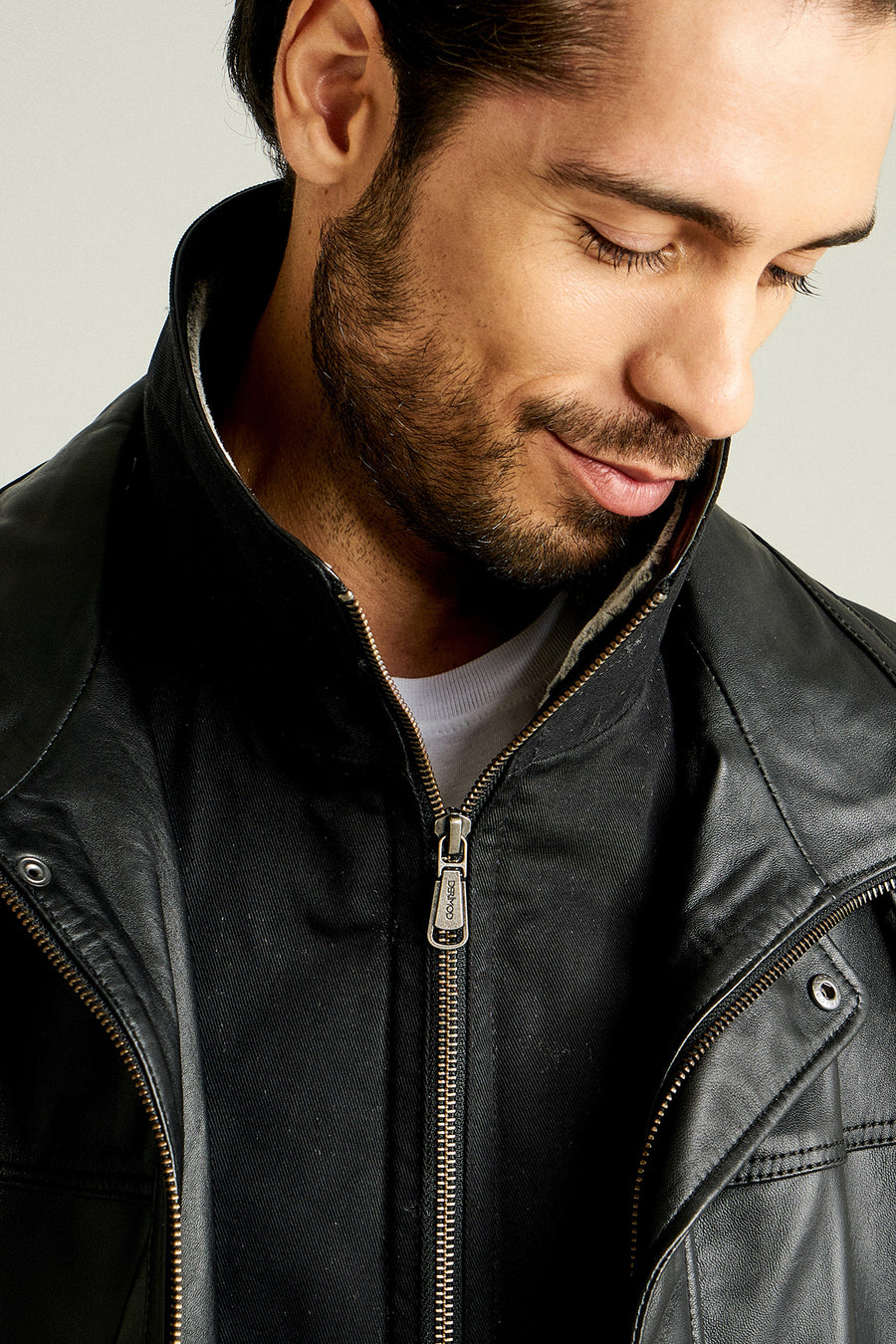 Eduardo Men's Black Double Collar Fur Leather Coat