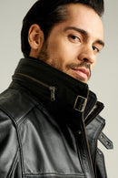 Eduardo Erkek Siyah Çift Yakalı Kürklü Deri Kaban | Derimod