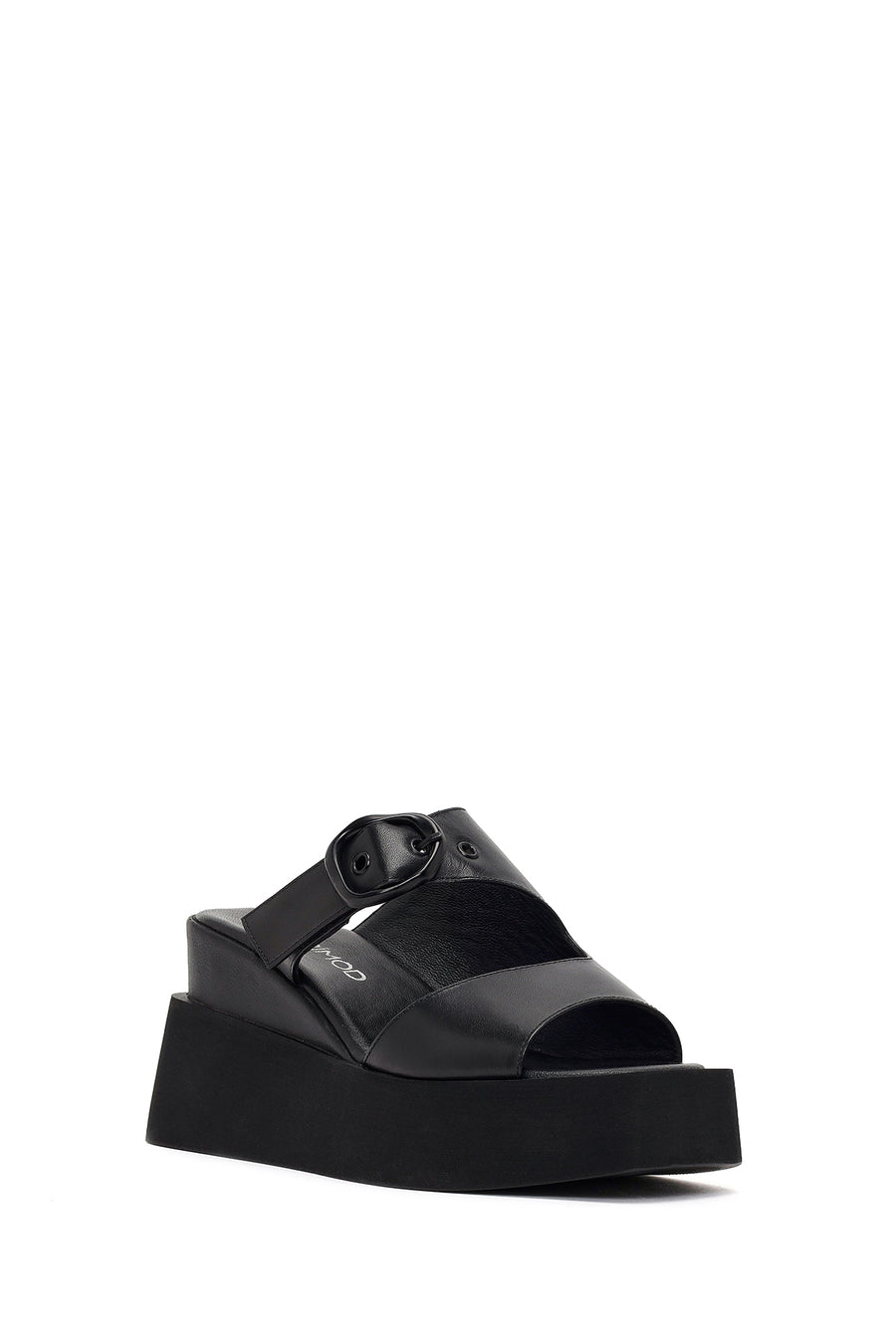 Women's Black Buckle Platform Leather Slippers