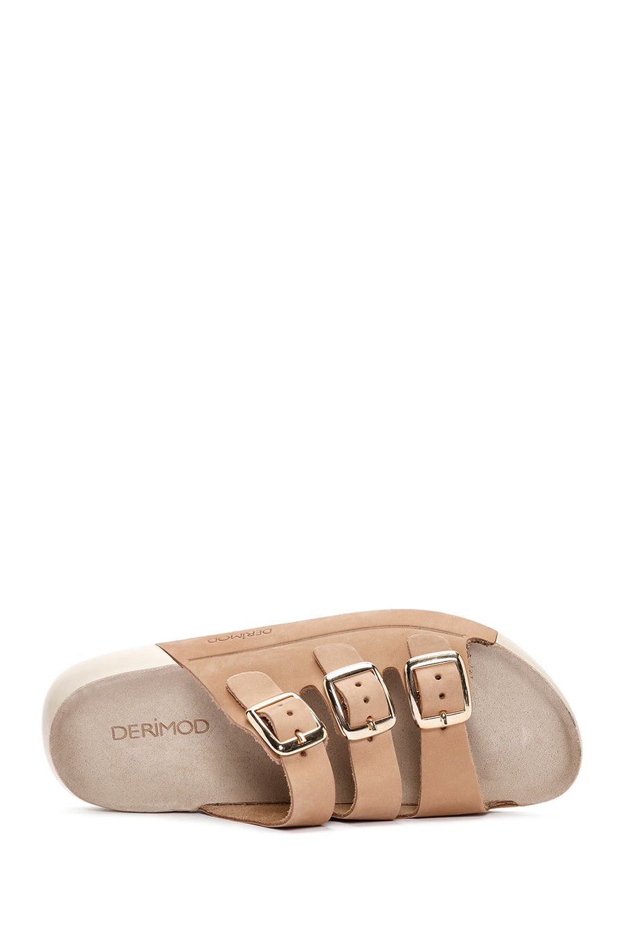 Women's Beige Buckled Nubuck Leather Comfort Slippers
