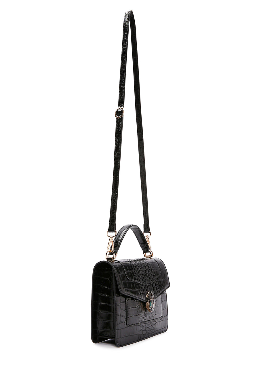 Women's Black Long Strap Crocodile Patterned Shoulder Bag
