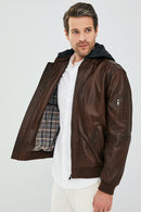 Garry Men's Cognac Hooded Leather Coat | Derimod