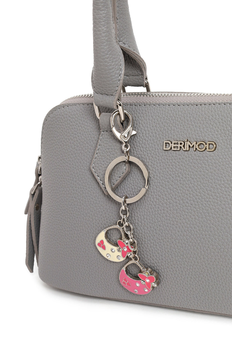 Woman Gray Long-Strap Charmed Shoulder Bag