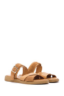 Women's Tan Buckle Leather Slippers | Derimod