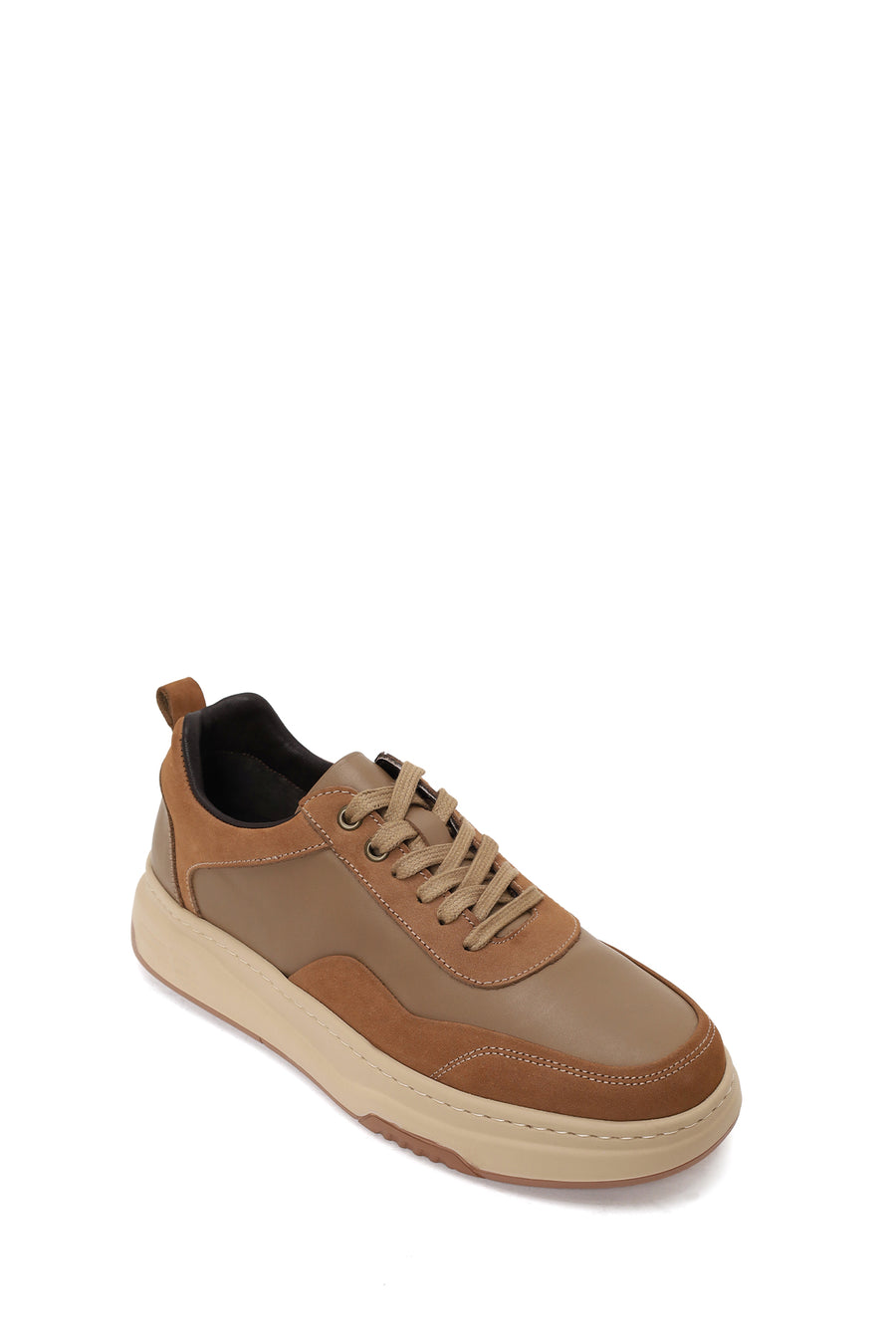 Erkek Vizon Bağcıklı Kalın Tabanlı Deri Sneaker