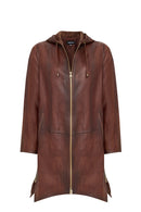 Daniela Women's Brown Hooded Long Oversize Leather Coat | Derimod