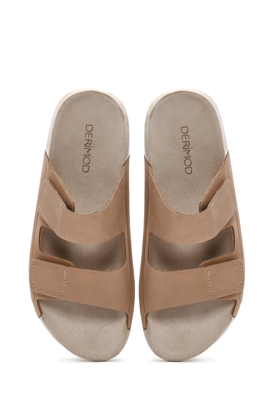 Women's Beige Double-Strap Nubuck Leather Comfort Slippers