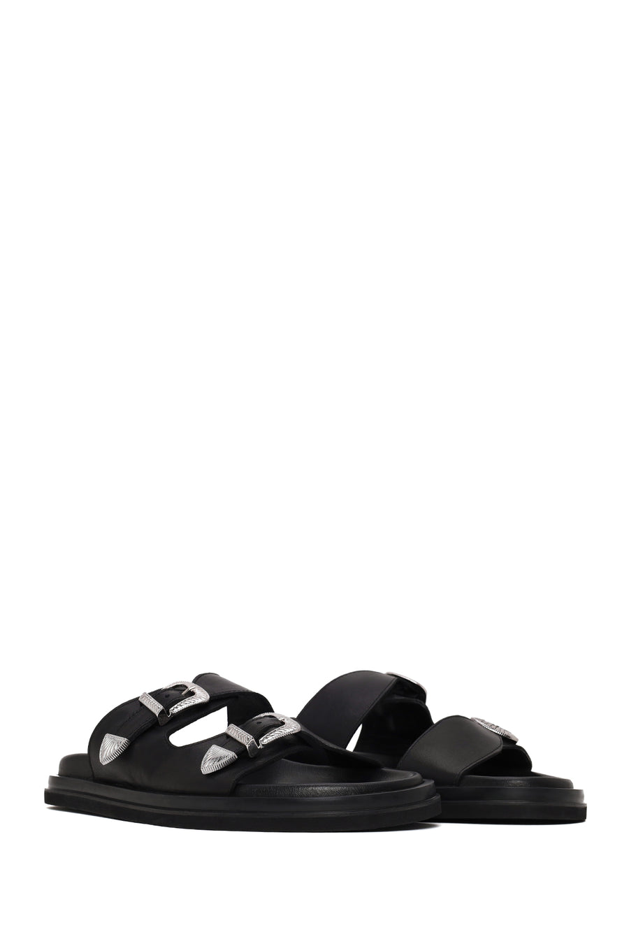 Woman Black Double-Buckle Leather Slipper