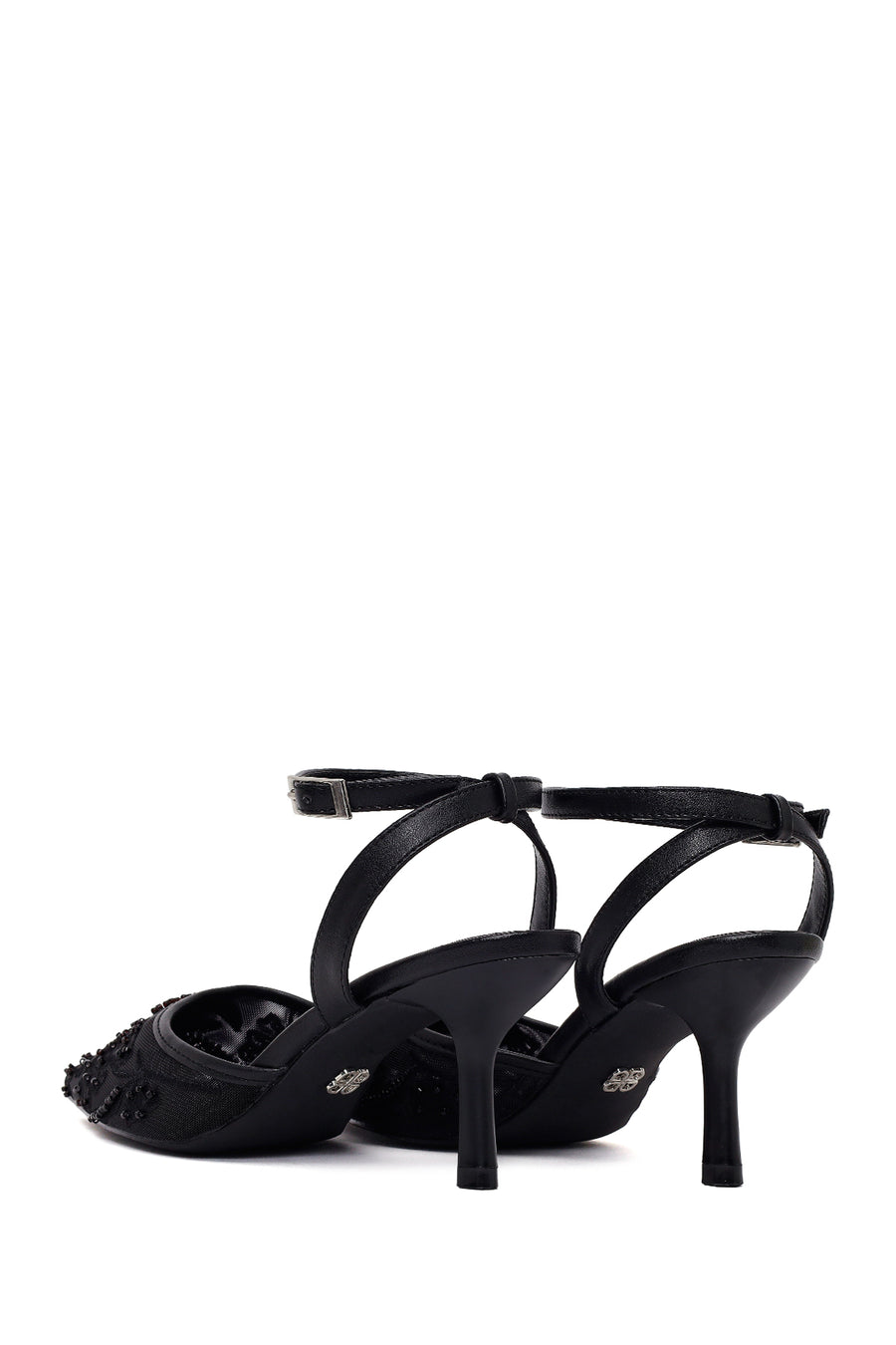 Woman Black Ankle-Buckle Floral Embroidered Open-Back Thin High Heel