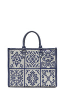 Woman Navy Patterned Fabric Long-Strap Shoulder Bag | Derimod