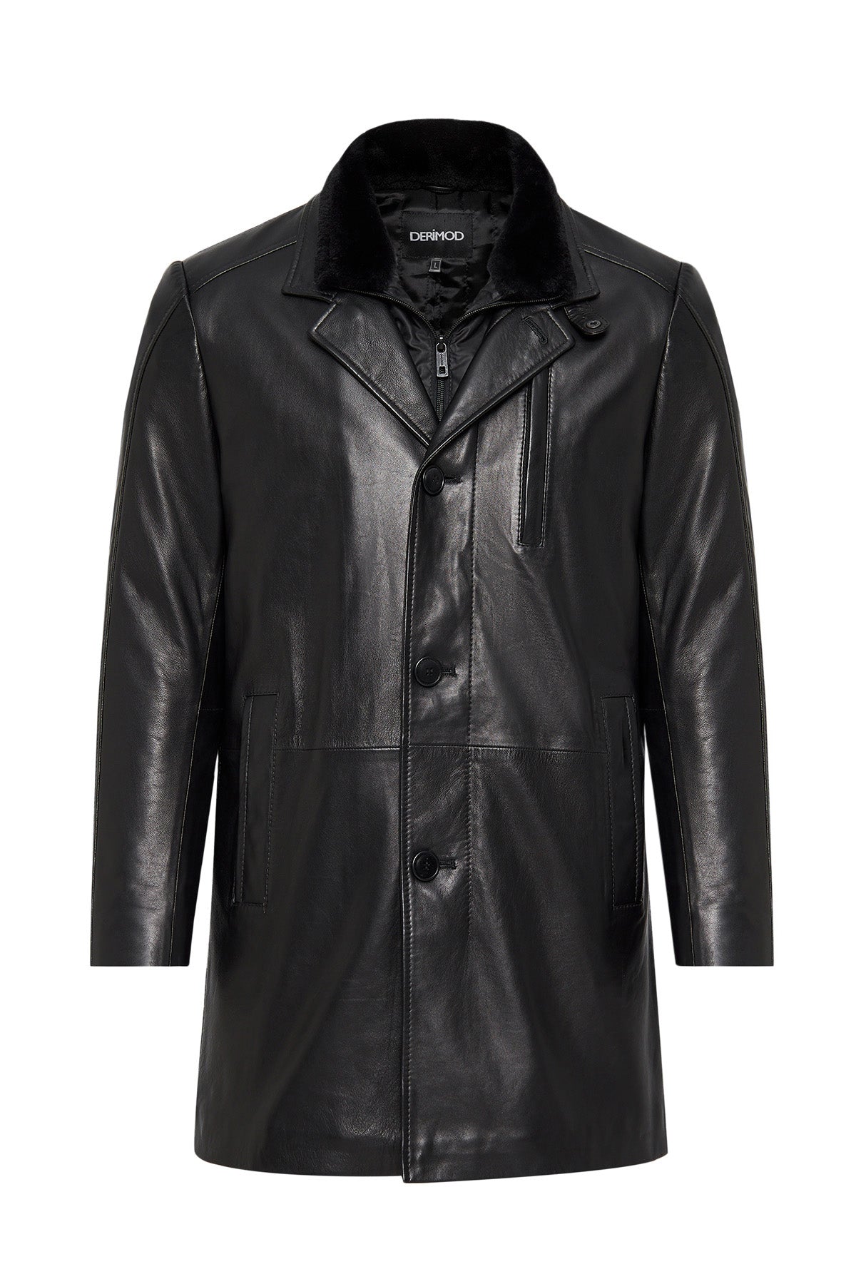 Barella Men's Black Collar Furry Leather Trench Coat 24WGD6550U4 | Derimod