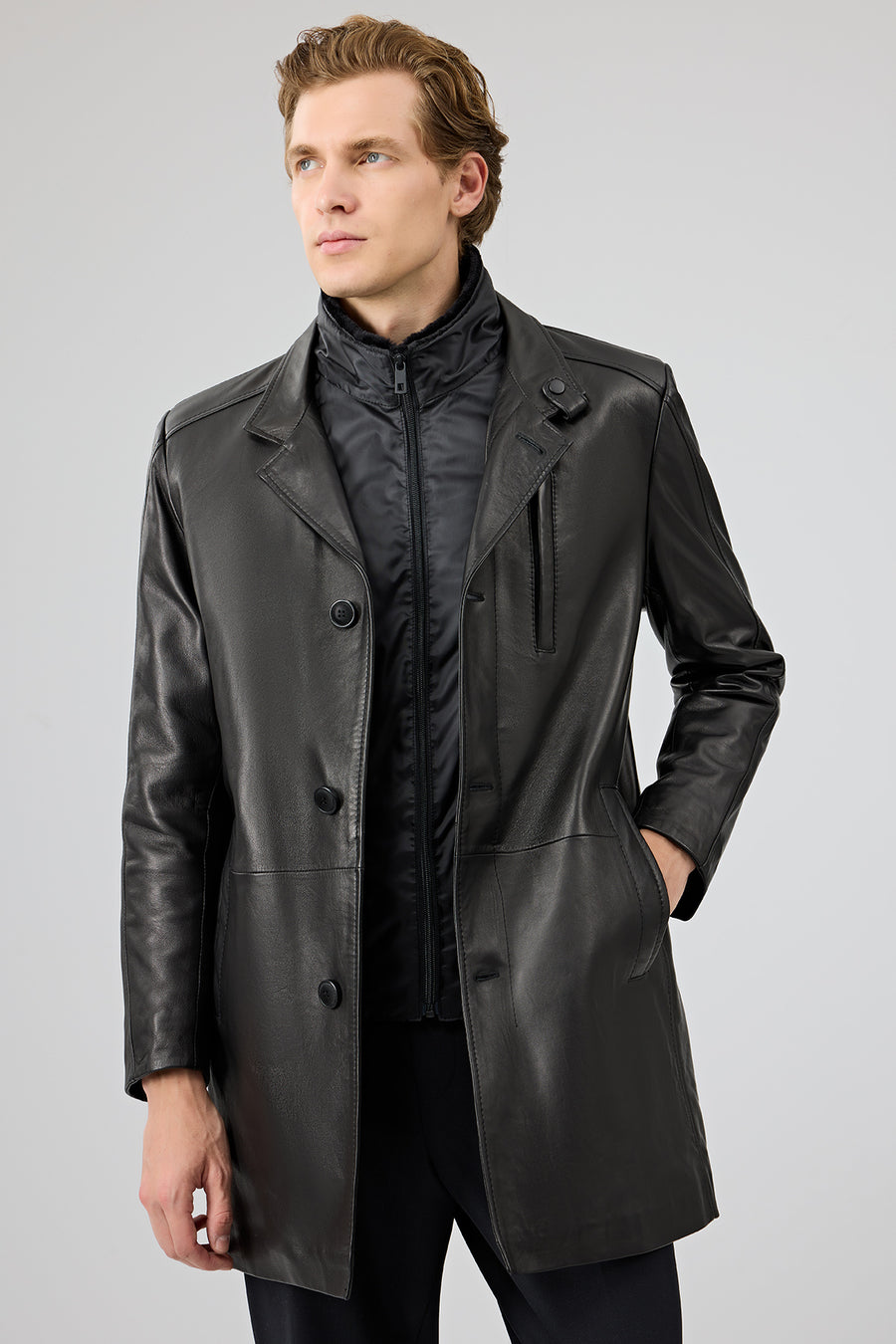 Barella Men's Black Collar Furry Leather Trench Coat 24WGD6550U4 | Derimod