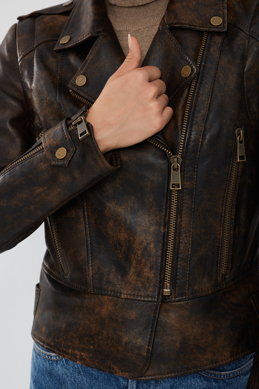 Newyork Kadın Kahverengi Vintage Biker Deri Ceket