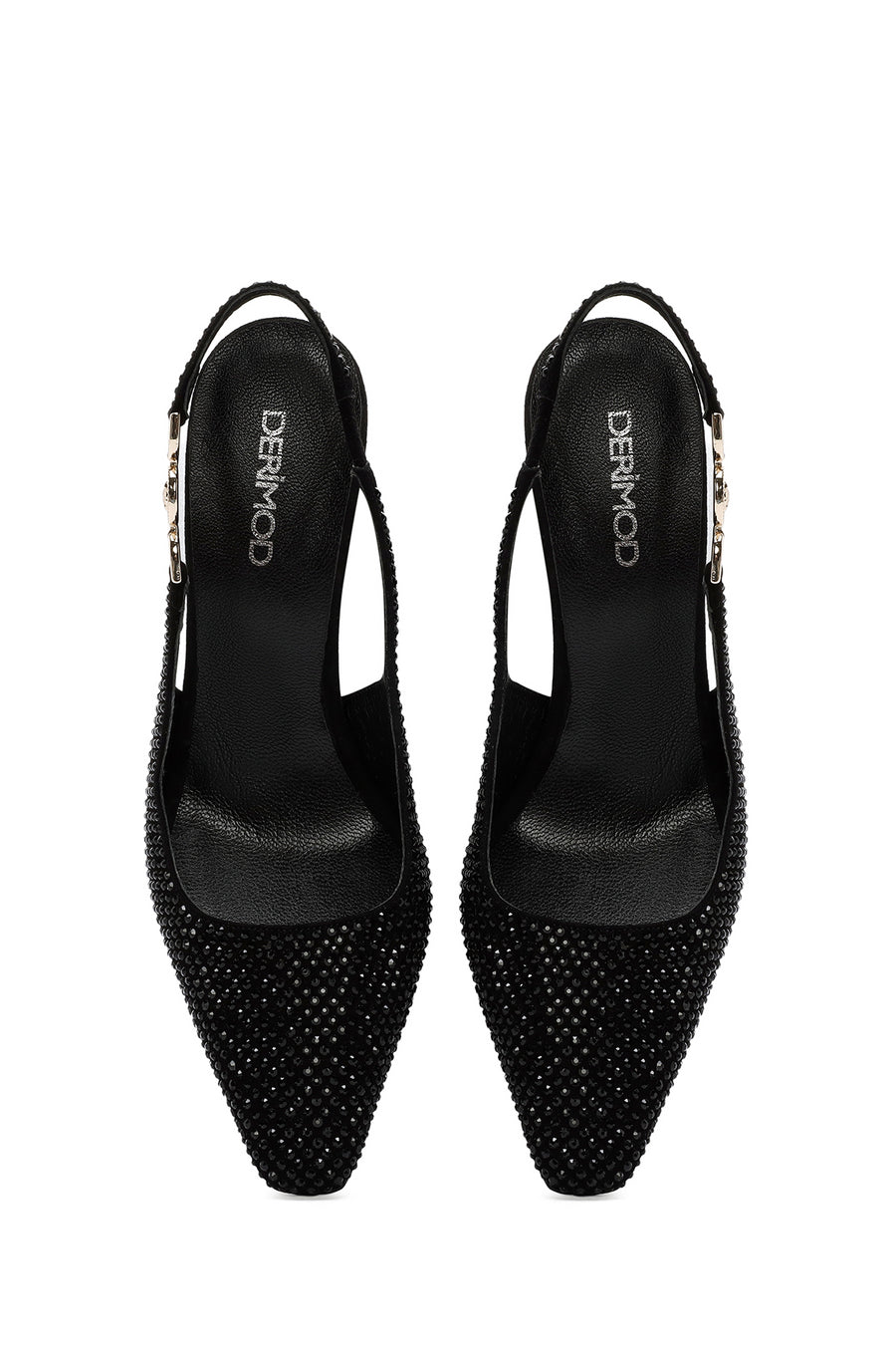 Women's Black Stoned Slingback Heeled Leather Shoes