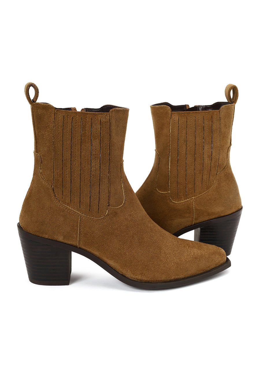 Woman Tan Zip Closure Chunky Heeled Suede Boots
