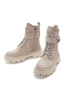 Women's Beige Thick Soled Suede Leather Zippered Boots | Derimod