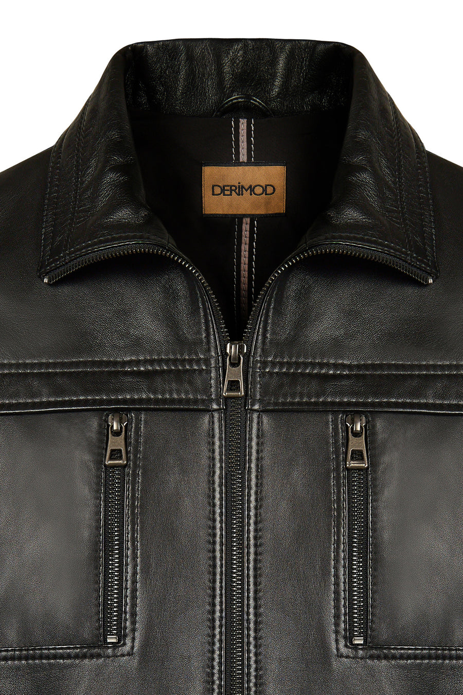 Karl Male Black Zip Closure Notched Collar Leather Jacket
